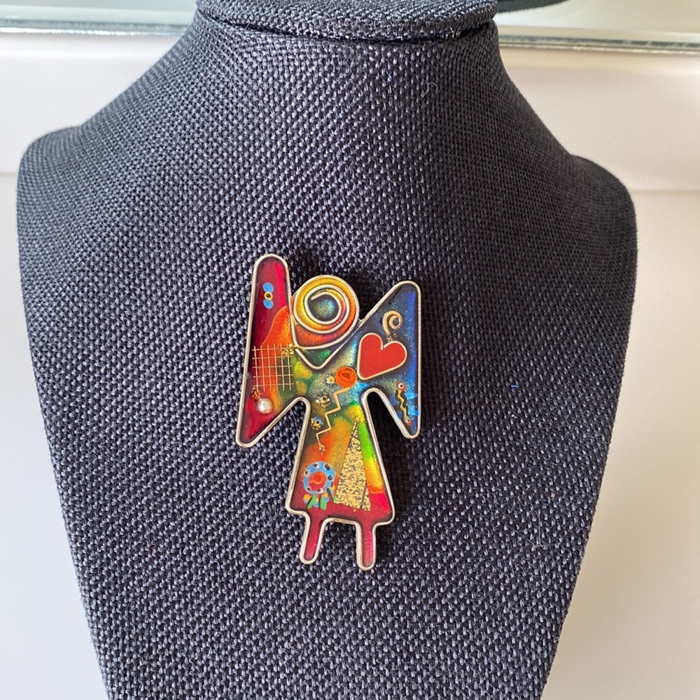 Vintage Yossi Steinberg 2.5” Modern Colorful Handmade Angel Heart & Pearl Pin
